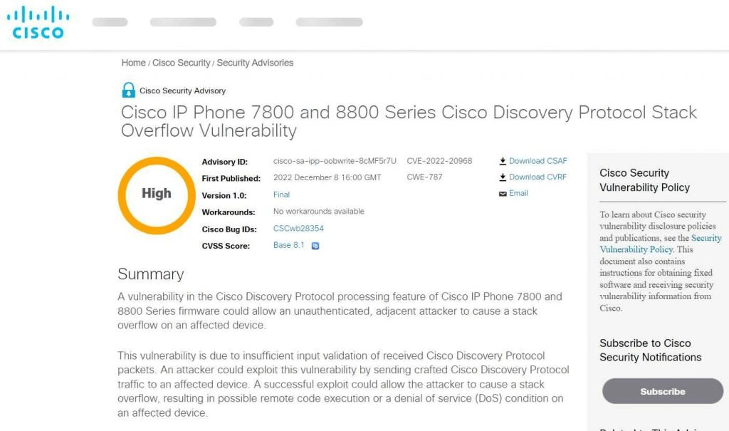 LA VULNERABILIDAD CON POC PUBLICA AFECTA A LOS TELEFONOS IP DE CISCO, LA CORRECCION NO ESTA DISPONIBLE (CVE-2022-20968)